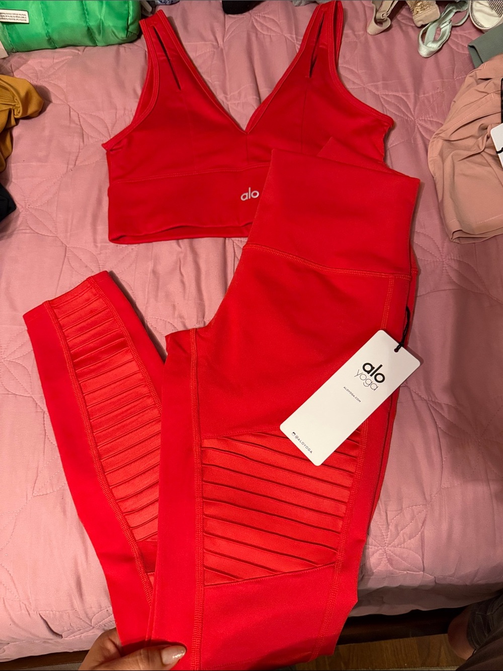 ALO Yoga Red Moto Leggings & V-Neck Sports Bra Set